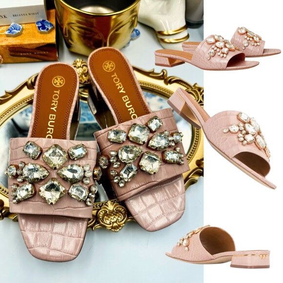 🆕 TORY BURCH 🧿 NWOT Martine 25mm Slides, Pink Croc Embossed Crystal, Sz 6 - Picture 1 of 15